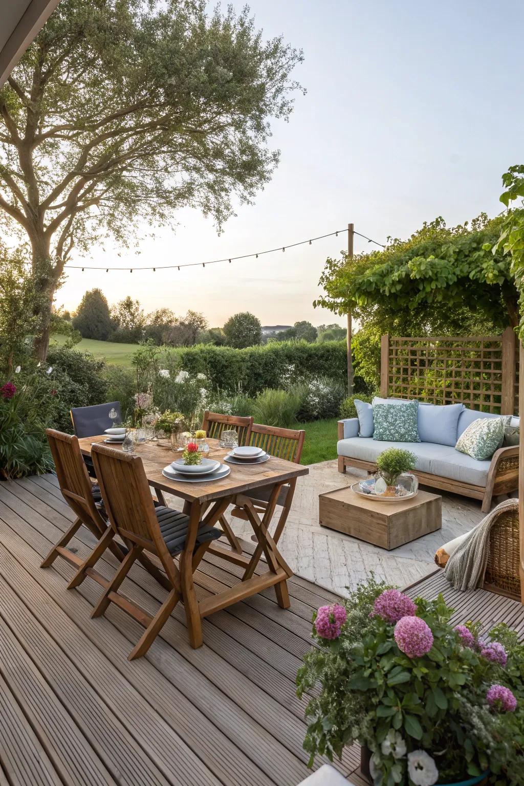 A functional layout caters to dining and relaxation.