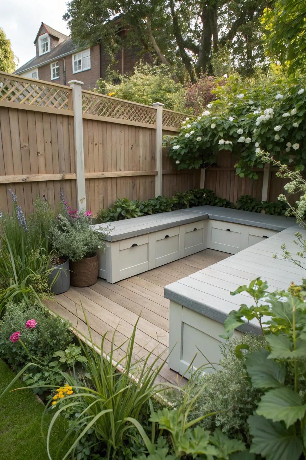 Clever storage keeps the deck tidy and organized.