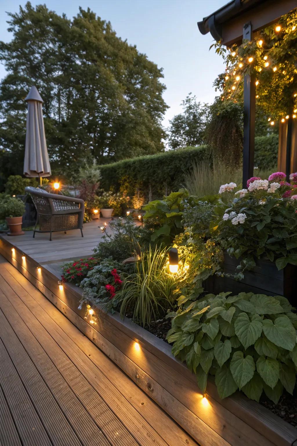 Solar lights add a warm, inviting glow to a small deck.