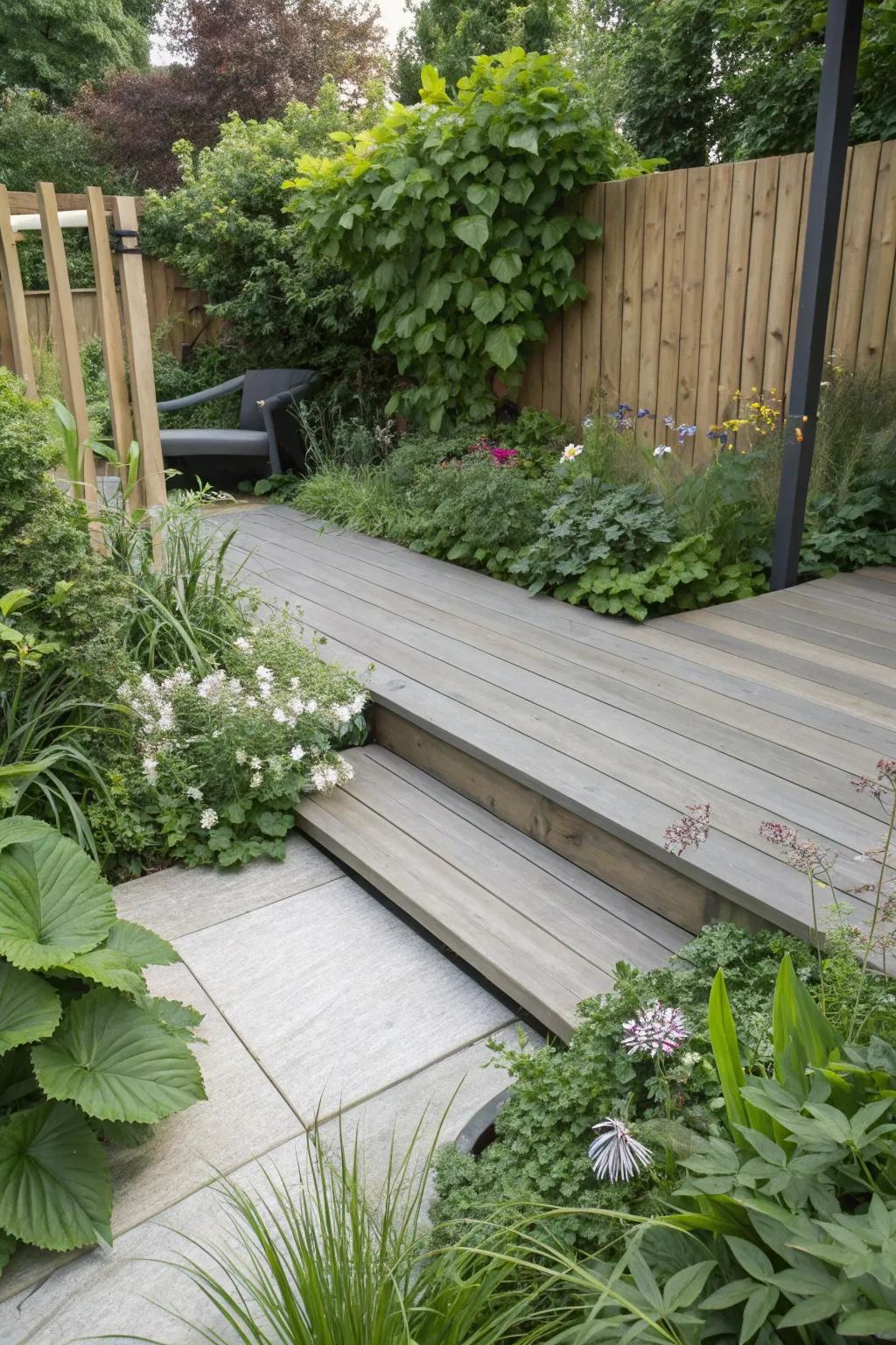 Mixing materials adds texture and interest to the decking.