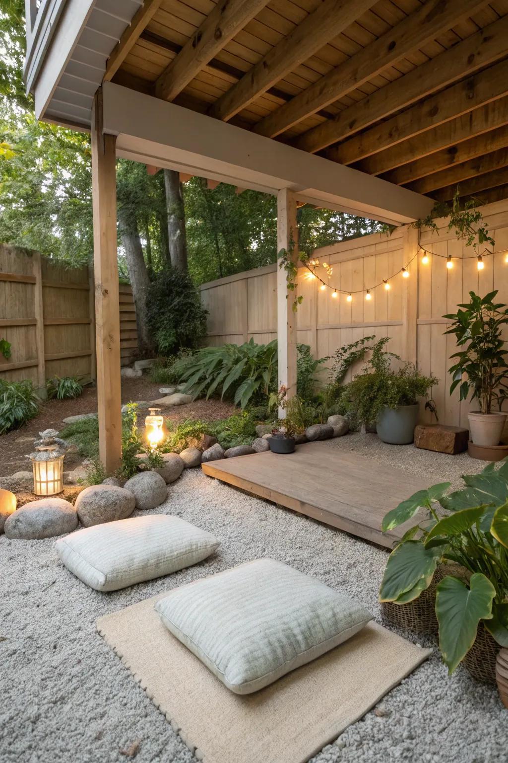 A peaceful meditation nook under a deck, perfect for quiet reflection.