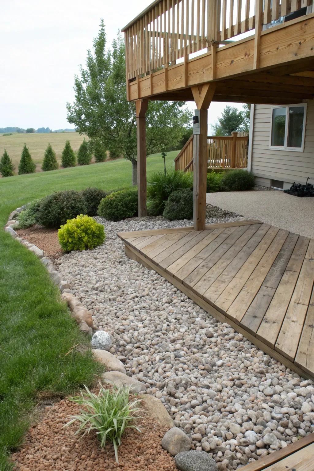 A weed-free area under the deck thanks to a gravel layer.