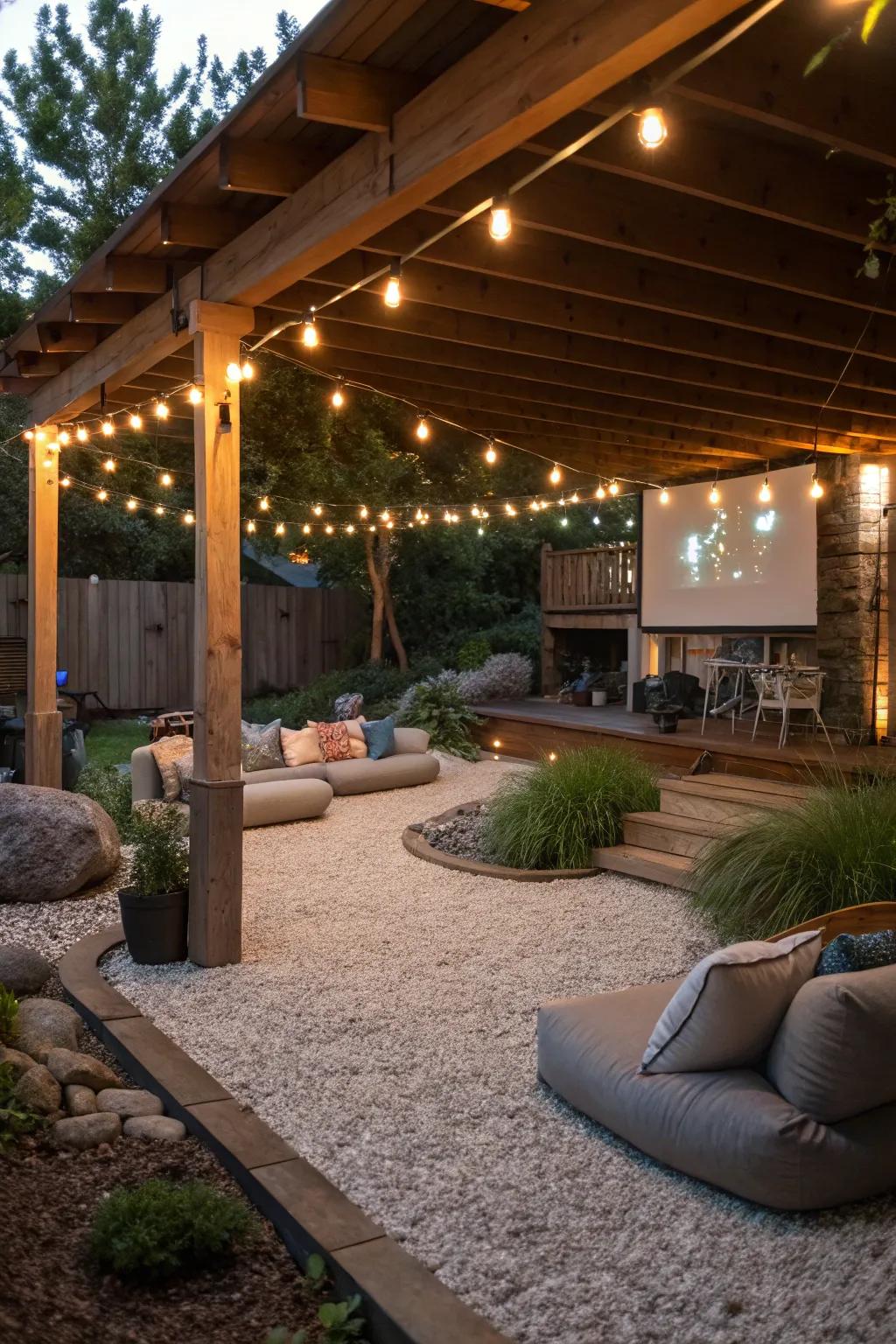 An inviting entertainment hub under a deck, perfect for gatherings.