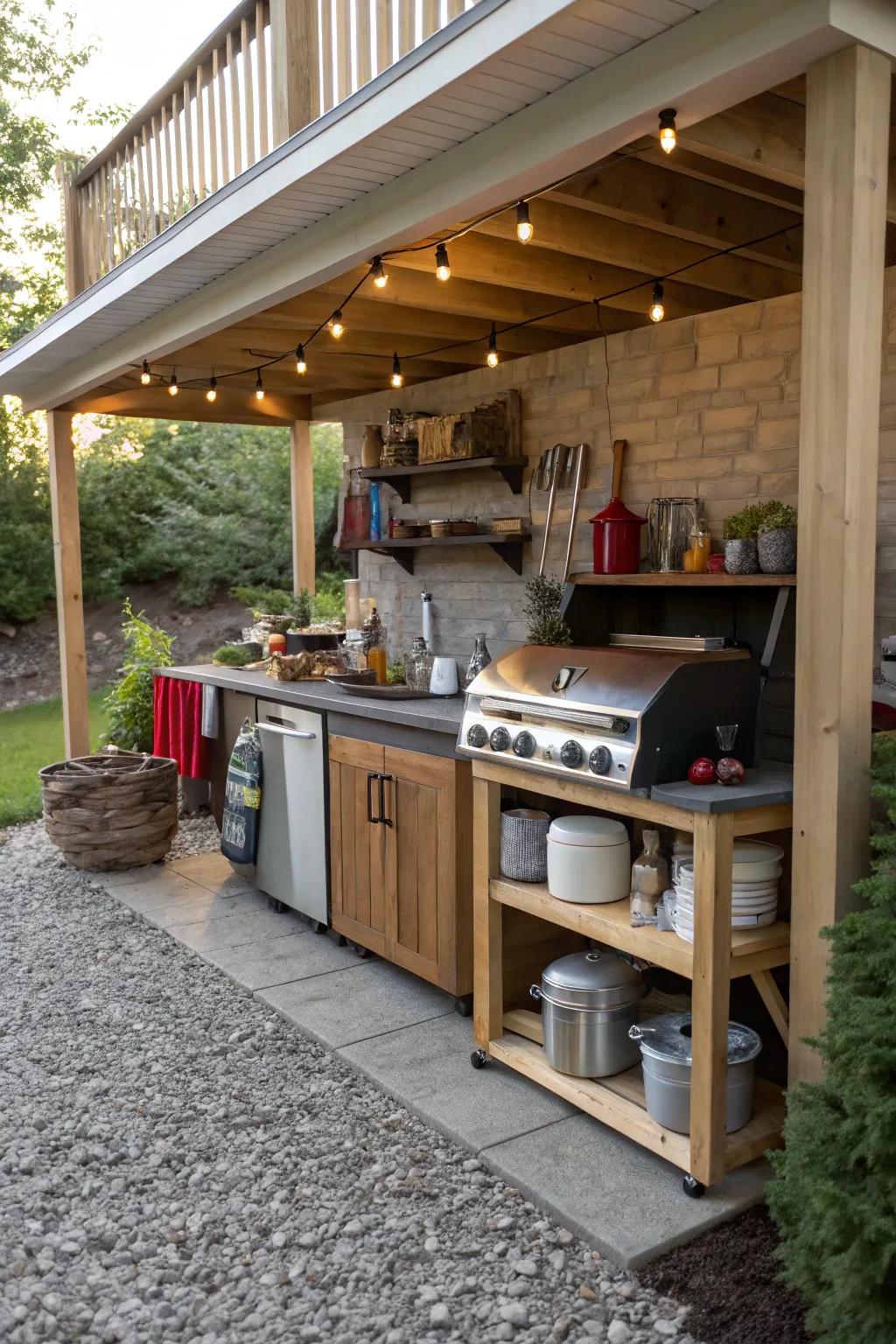 A functional outdoor kitchenette under a deck, ideal for summer cooking.