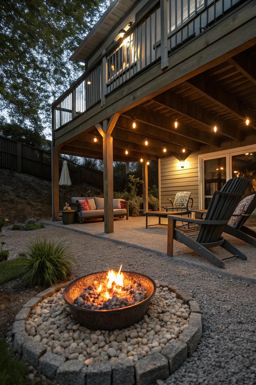 A cozy gravel fire pit lounge under a deck, perfect for evening gatherings.