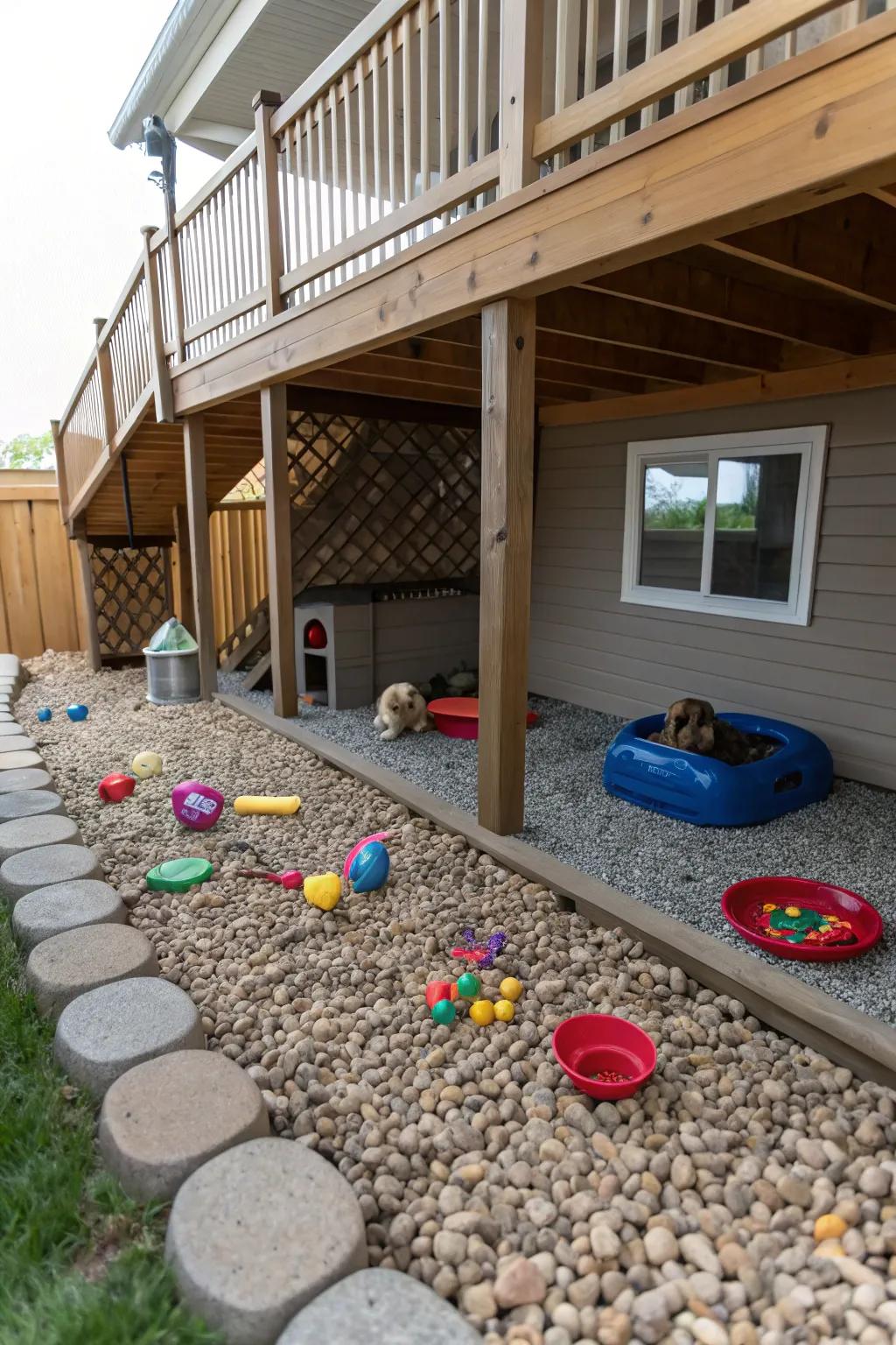 A pet-friendly zone under a deck, easy to clean and maintain with gravel.