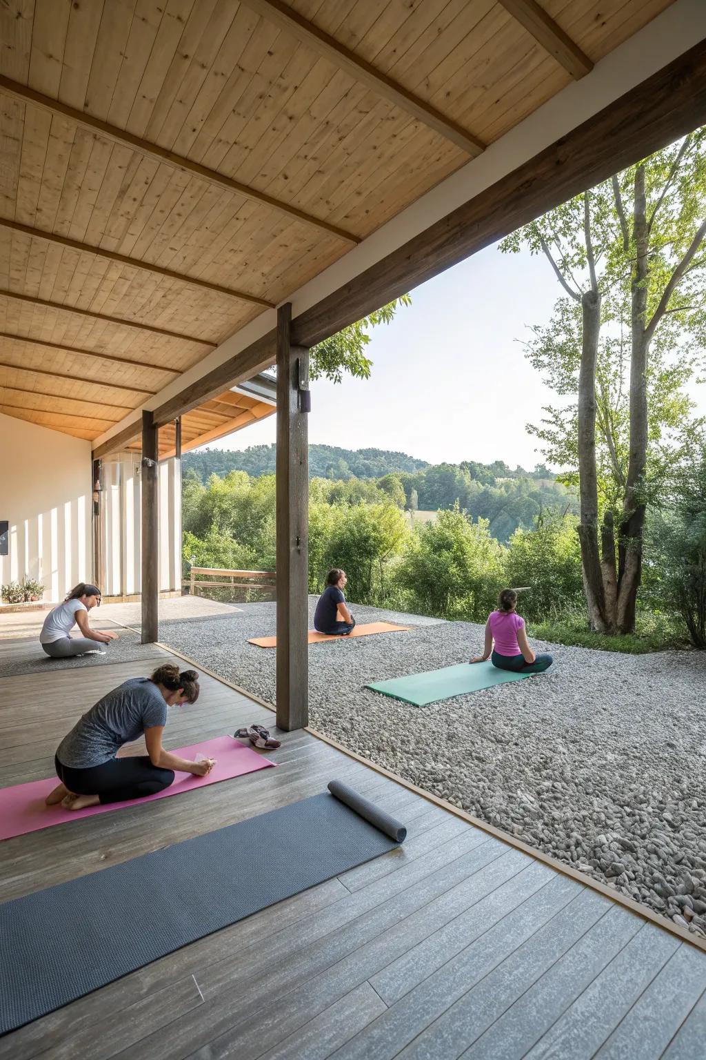 A serene outdoor yoga studio under a deck, offering peace and stability.