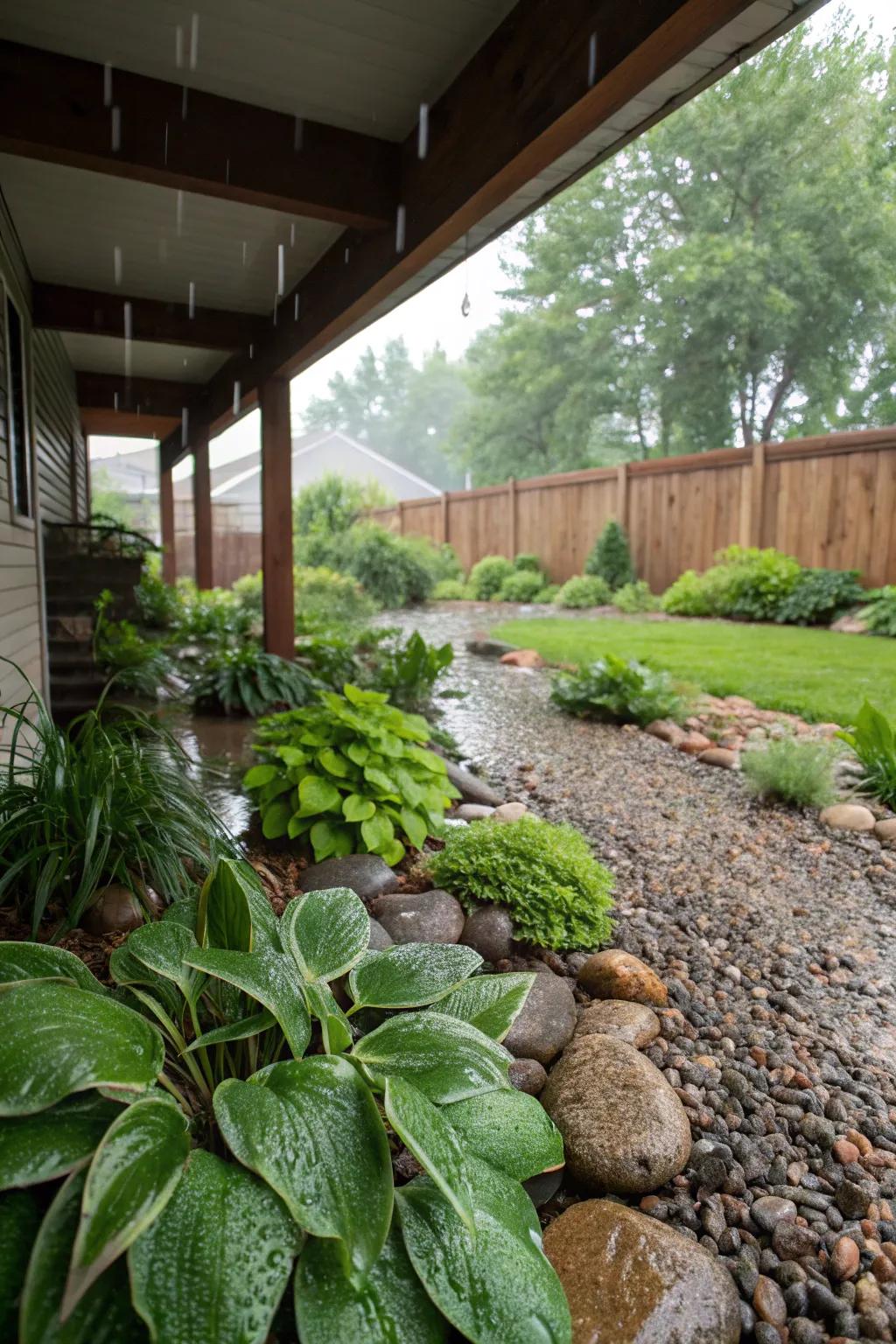 A thriving rain garden under a deck, benefiting the ecosystem.