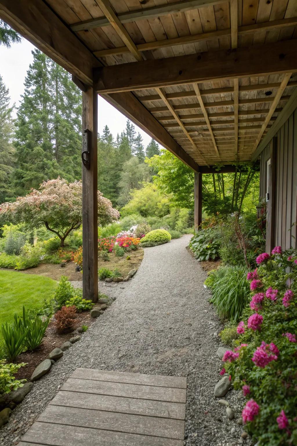 A charming gravel walkway under a deck, enhancing garden connectivity.