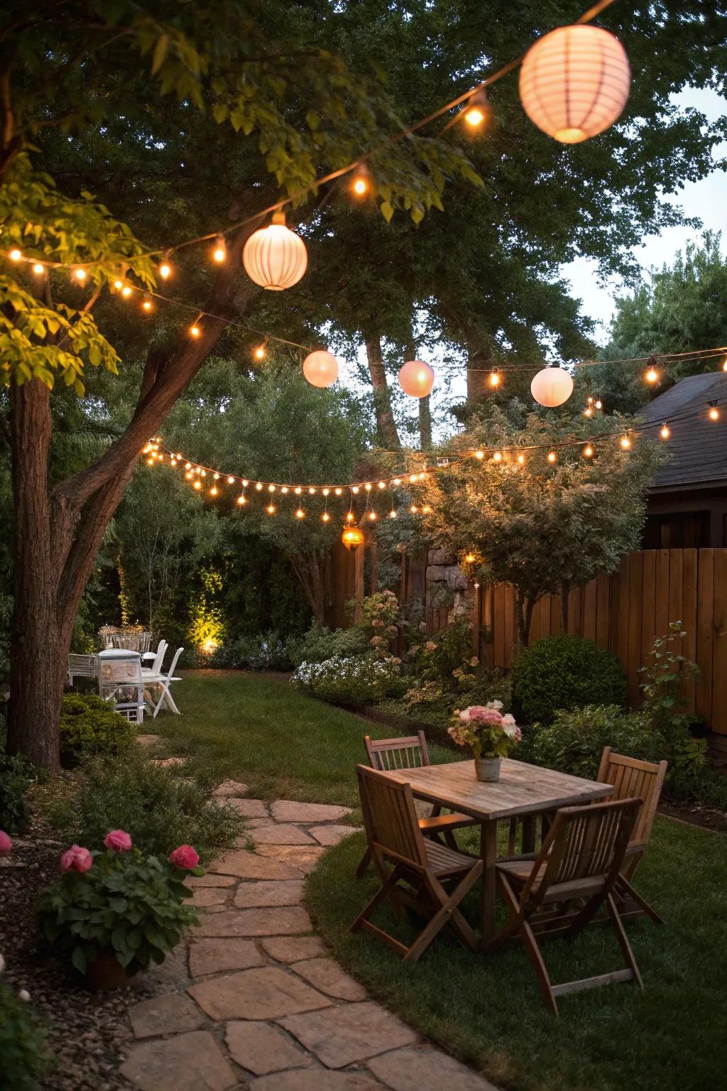 Decorative lighting adds ambiance and extends outdoor enjoyment into the evening.