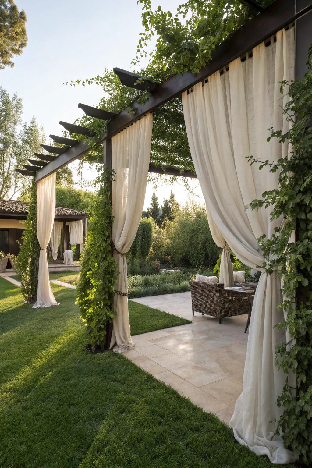 Outdoor curtains provide privacy and a touch of elegance.