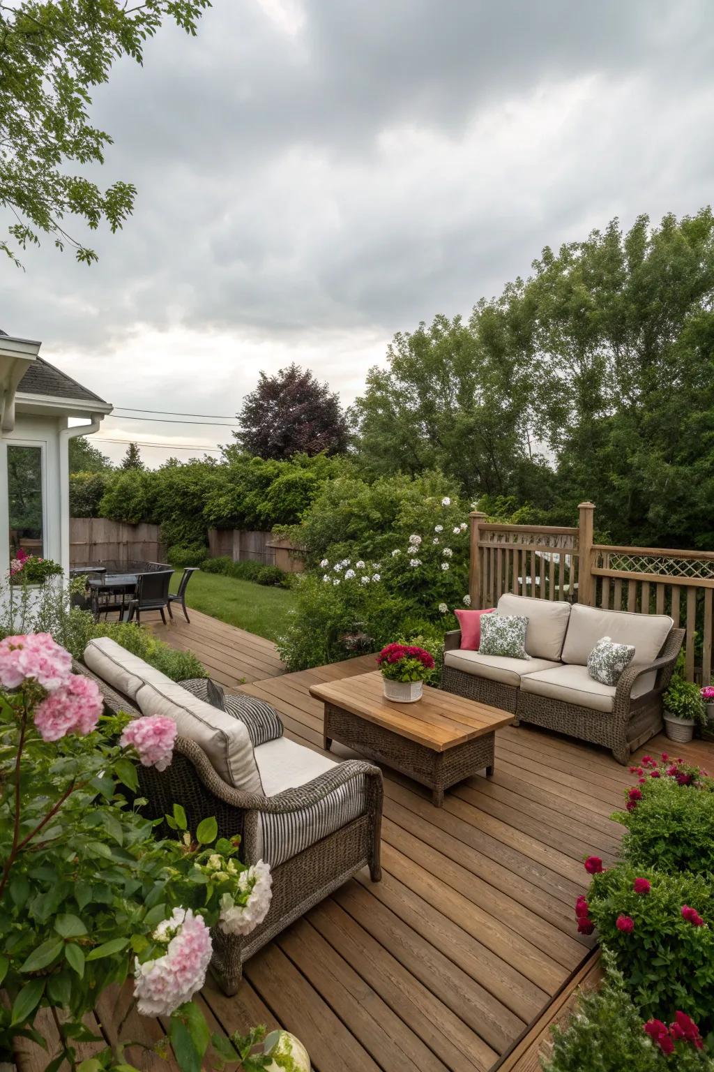 A stylish deck provides a versatile space for relaxation and entertaining.