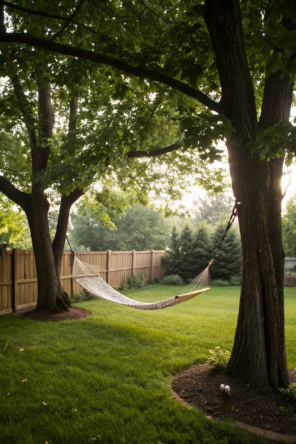 A hammock offers a perfect spot for relaxation and enjoying nature.