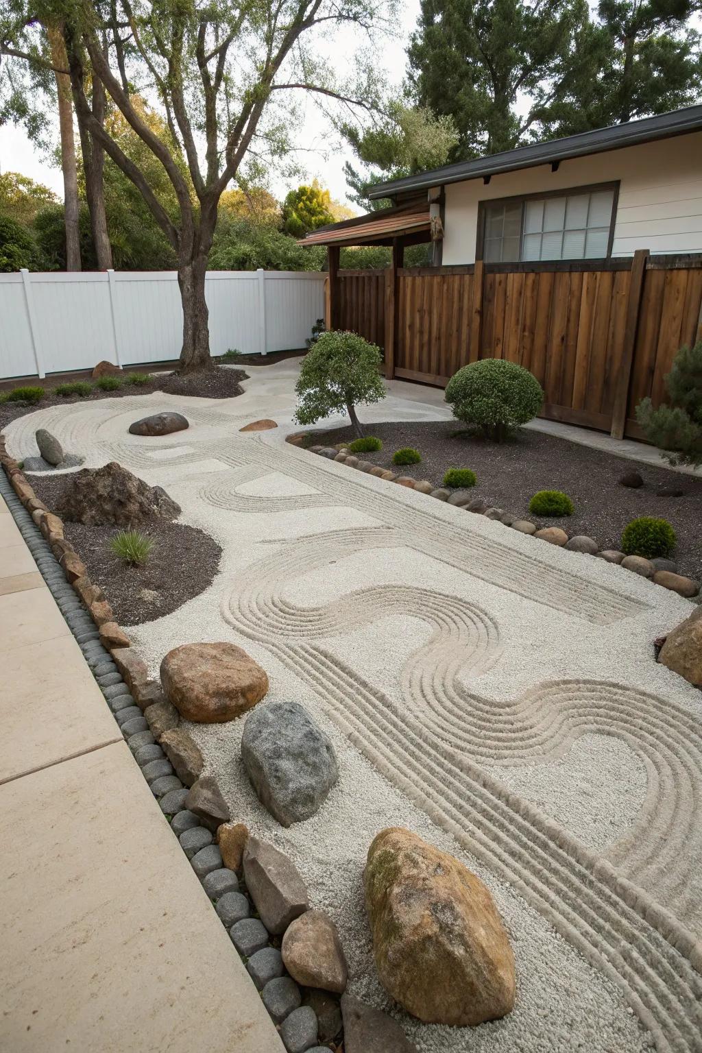 A Zen garden offers a serene spot for meditation and reflection.