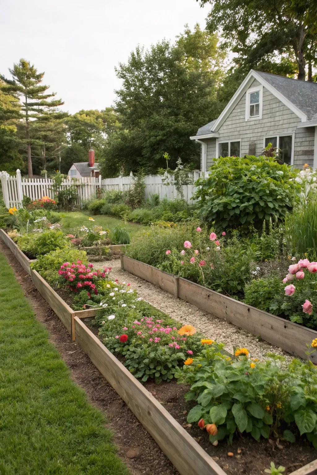 Distinct edging separates flower beds in a Zone 5 garden.