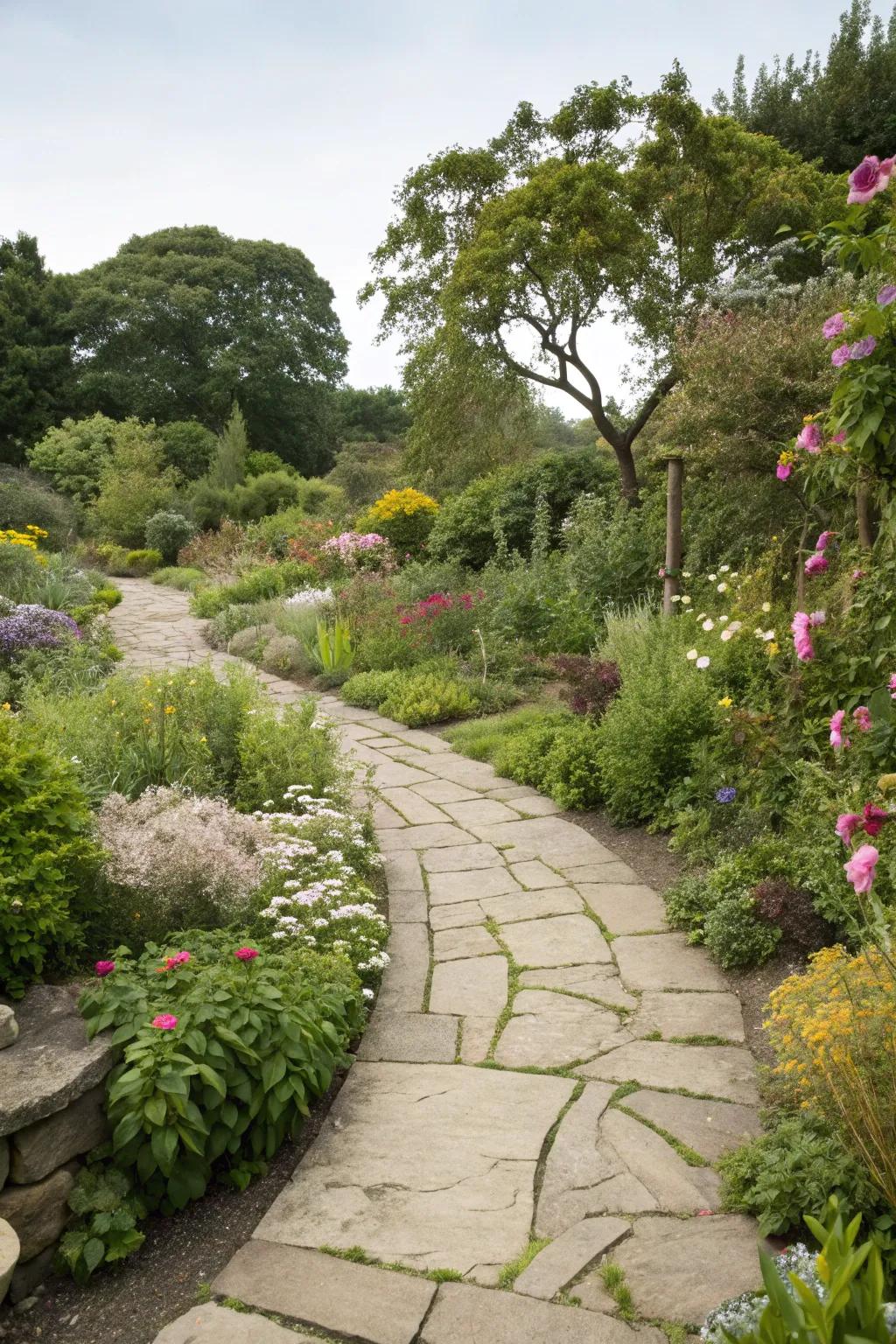 A natural stone pathway winding through a lush Zone 5 garden.