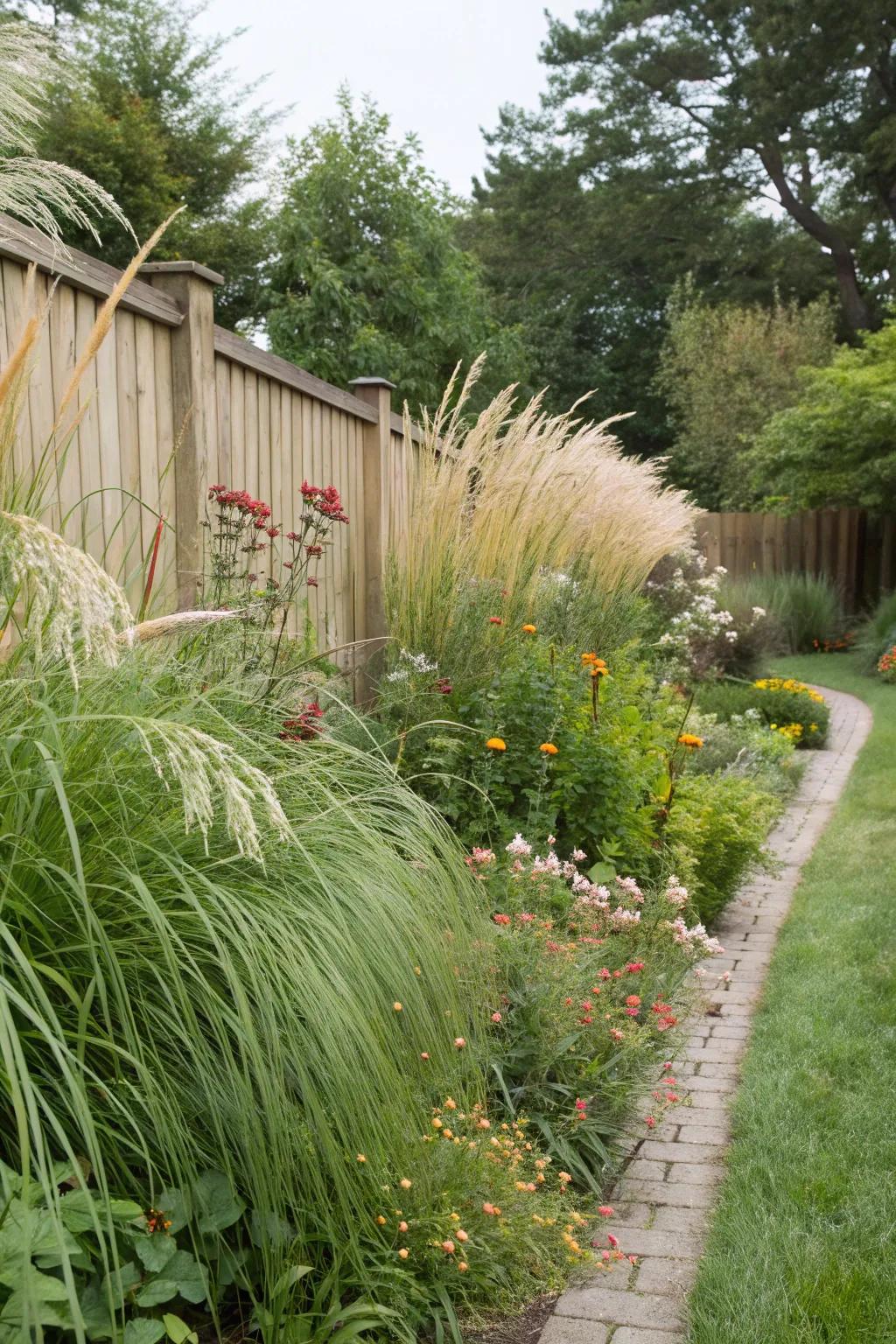 Tall grasses create a natural privacy screen in a Zone 5 garden.