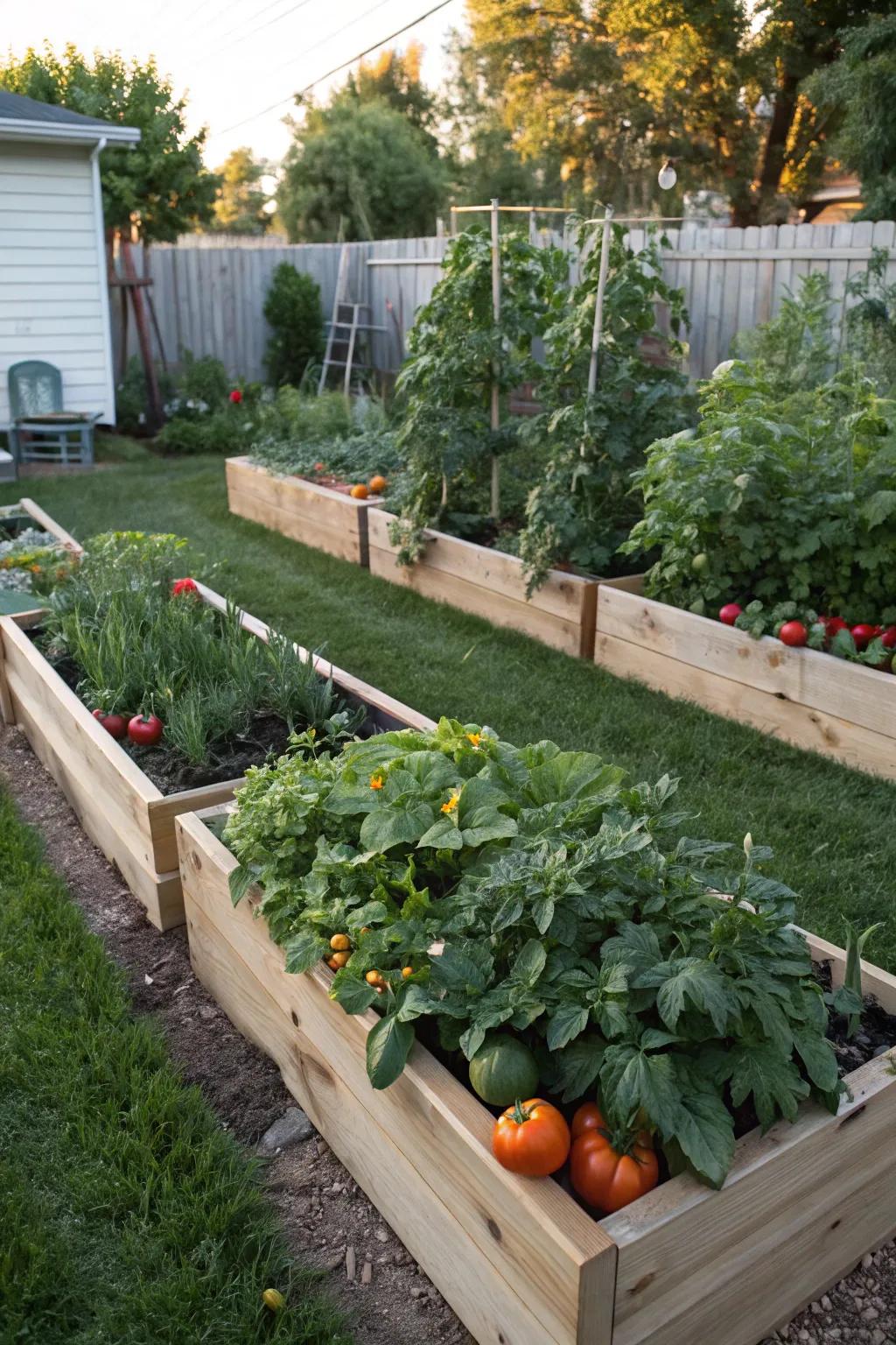 Raised garden beds make vegetable gardening efficient and accessible.