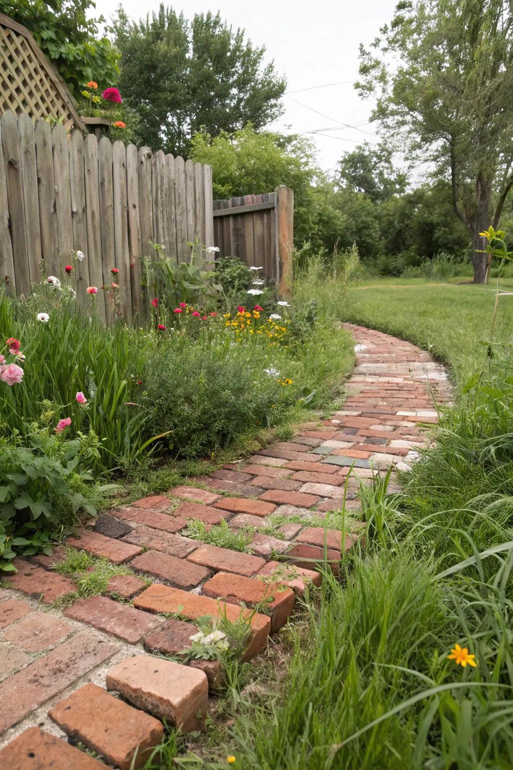 A garden path made of recycled bricks adds charm and sustainability.
