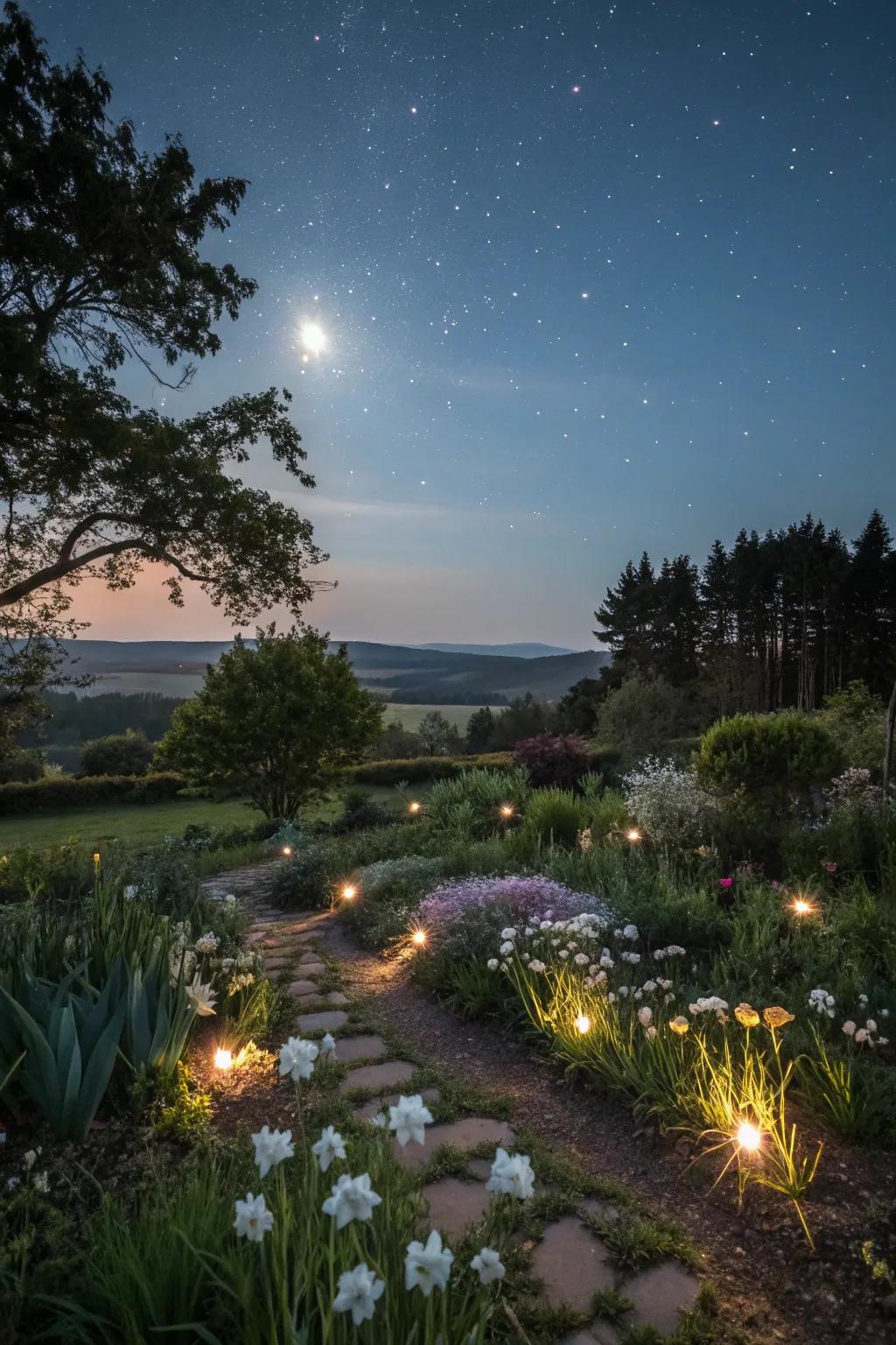 A moon garden creates a magical nighttime atmosphere in a Zone 5 landscape.