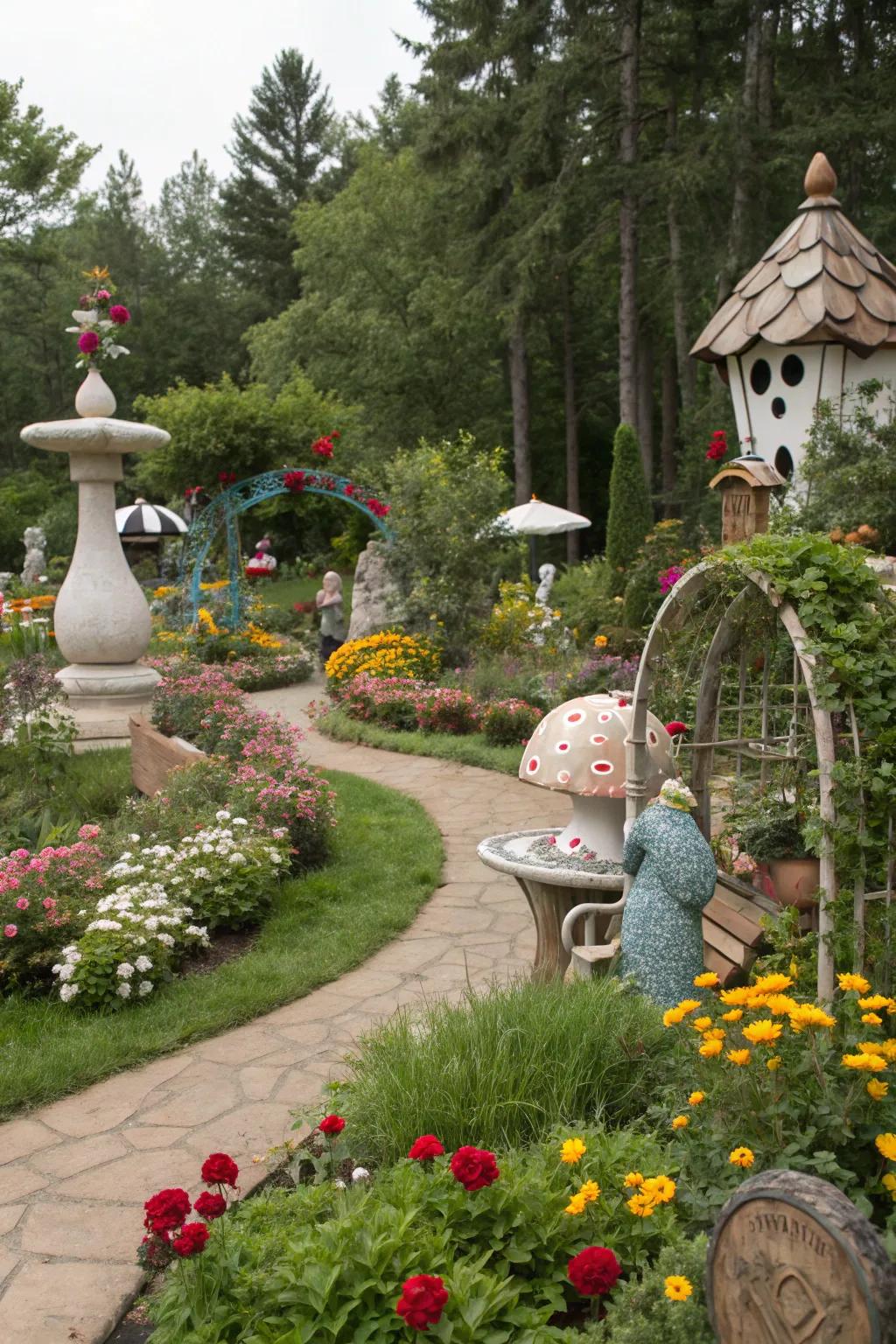 Whimsical sculptures add personality to a Zone 5 garden.