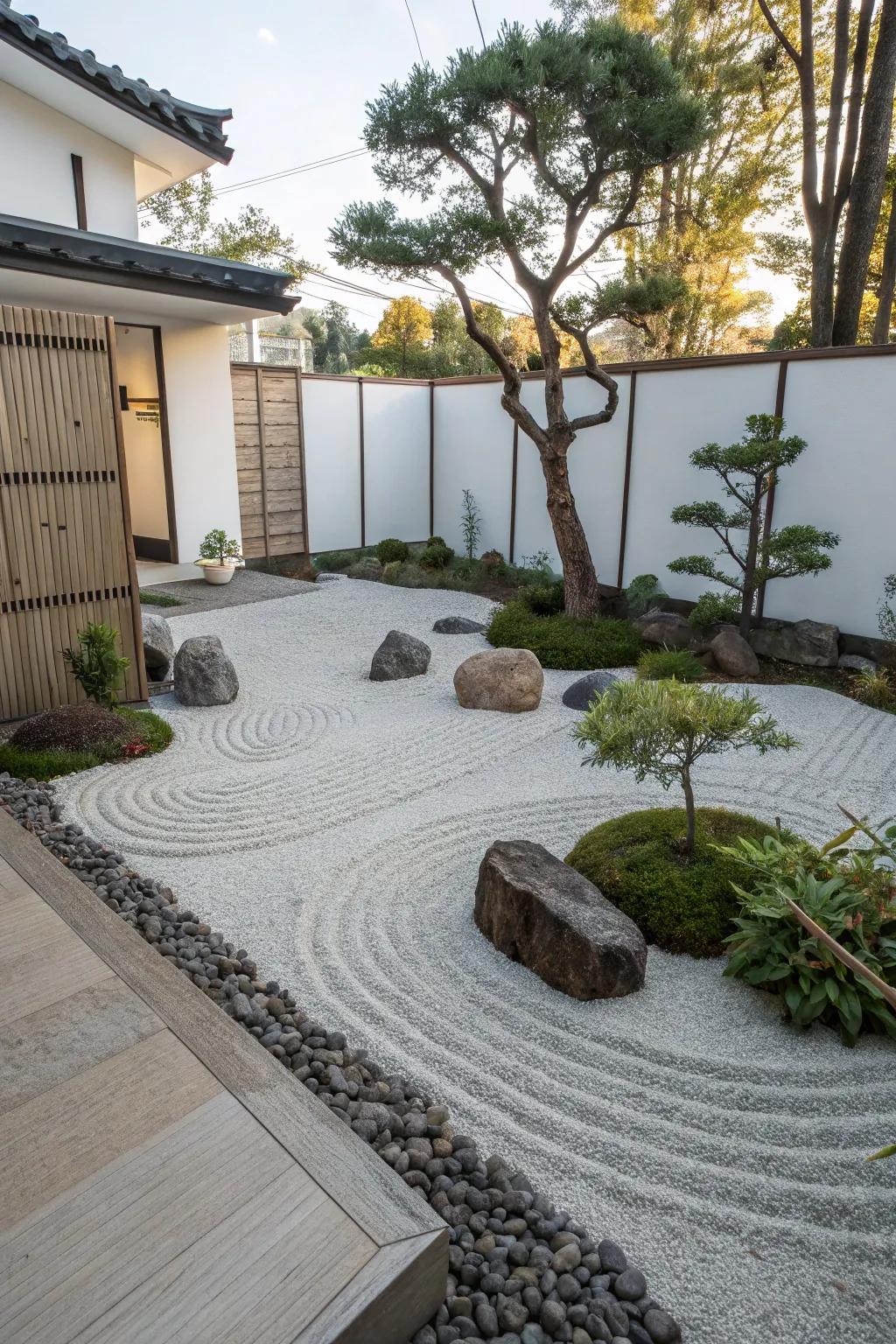 A serene Zen garden corner offers a peaceful retreat in a Zone 5 backyard.