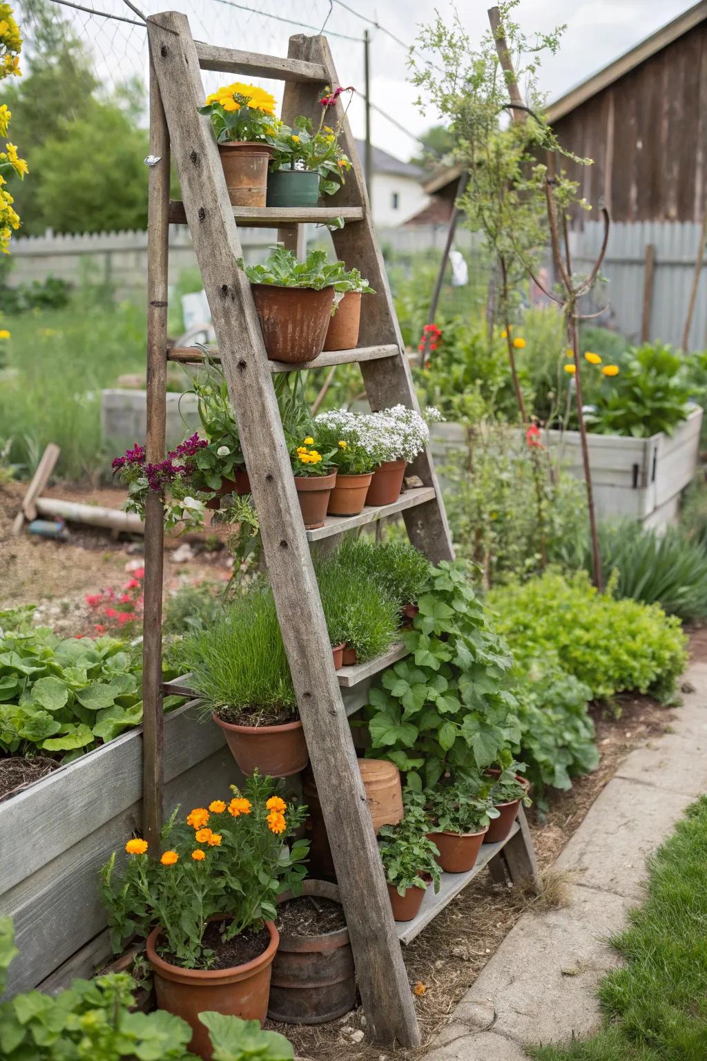 A creative vertical garden using an old ladder as a stunning focal point.