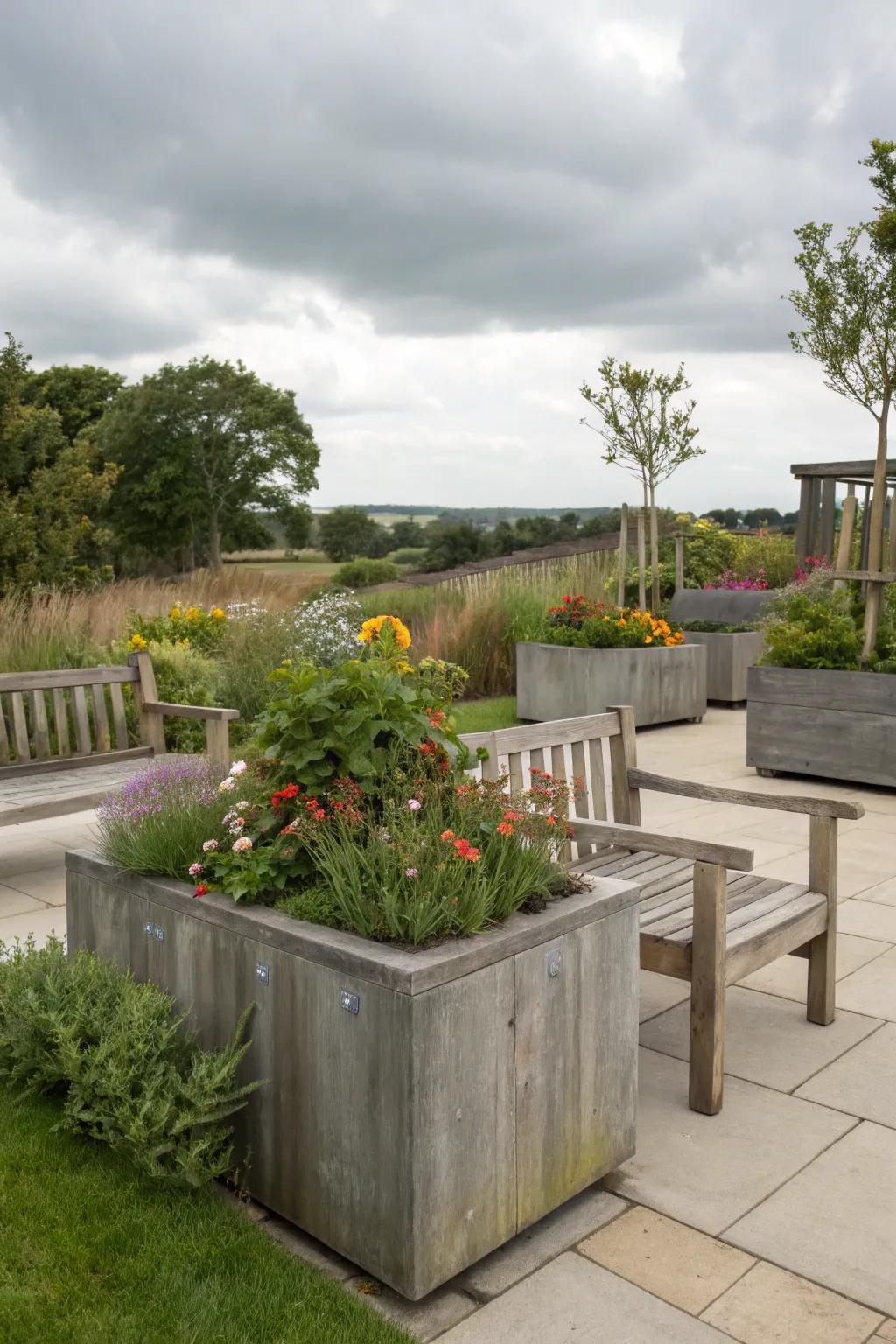 Mixing modern planters with rustic benches creates a balanced garden aesthetic.