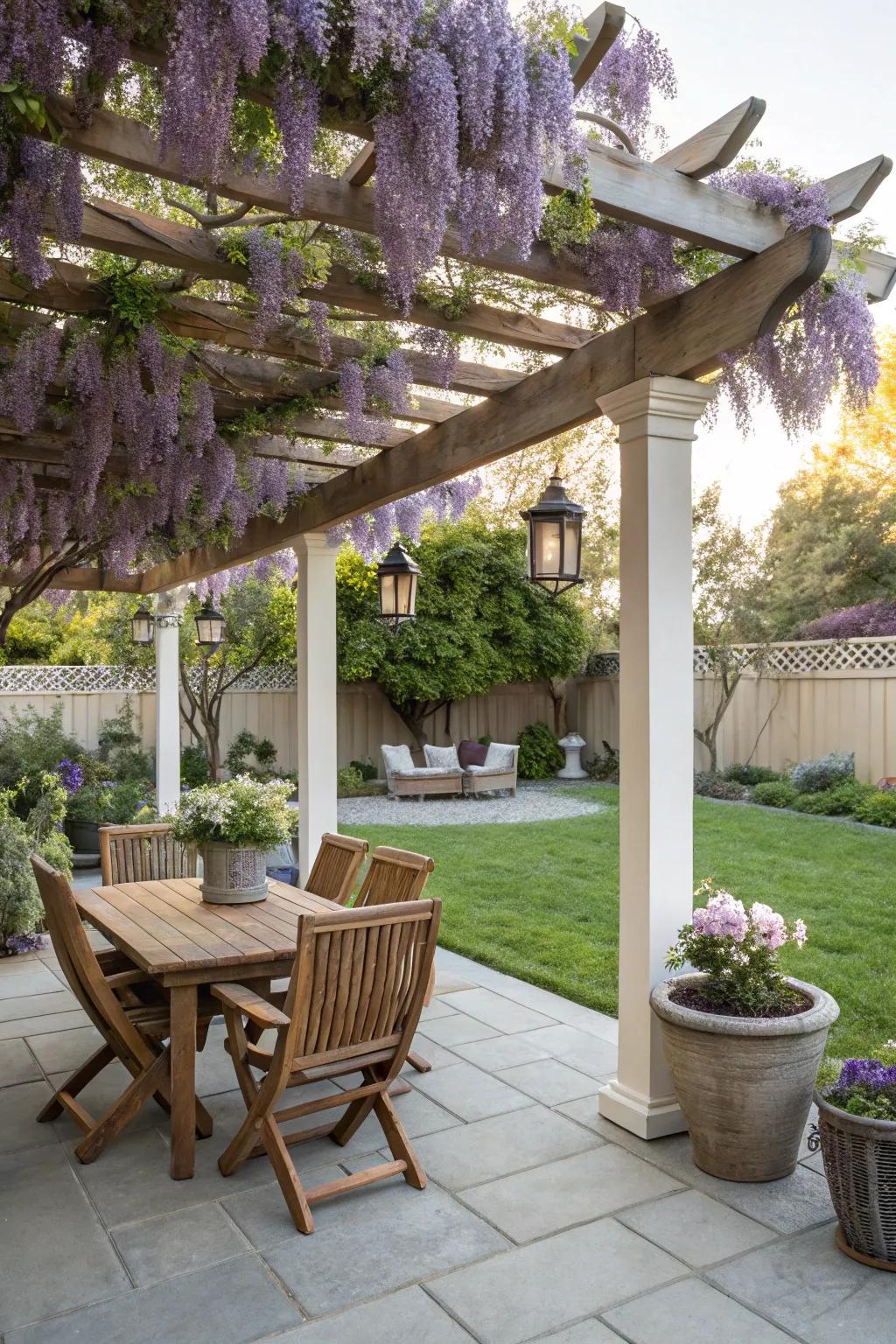 A patio retreat under the shade of wisteria blooms.