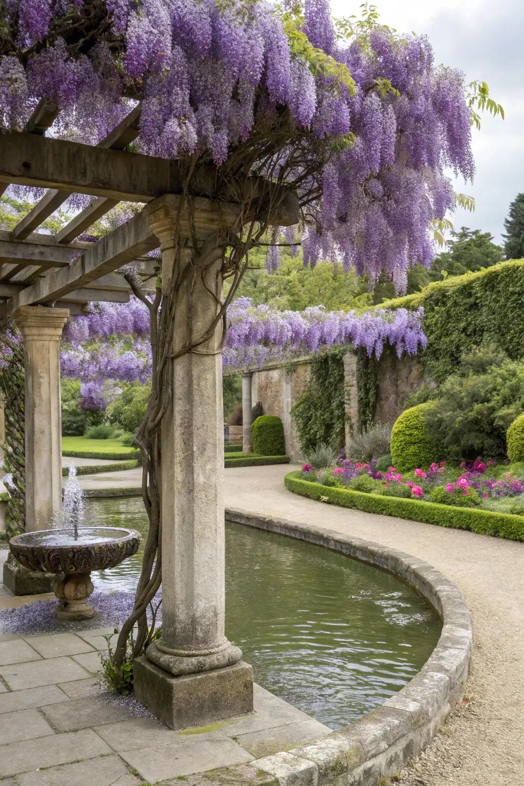 Serenity with wisteria and a water feature.