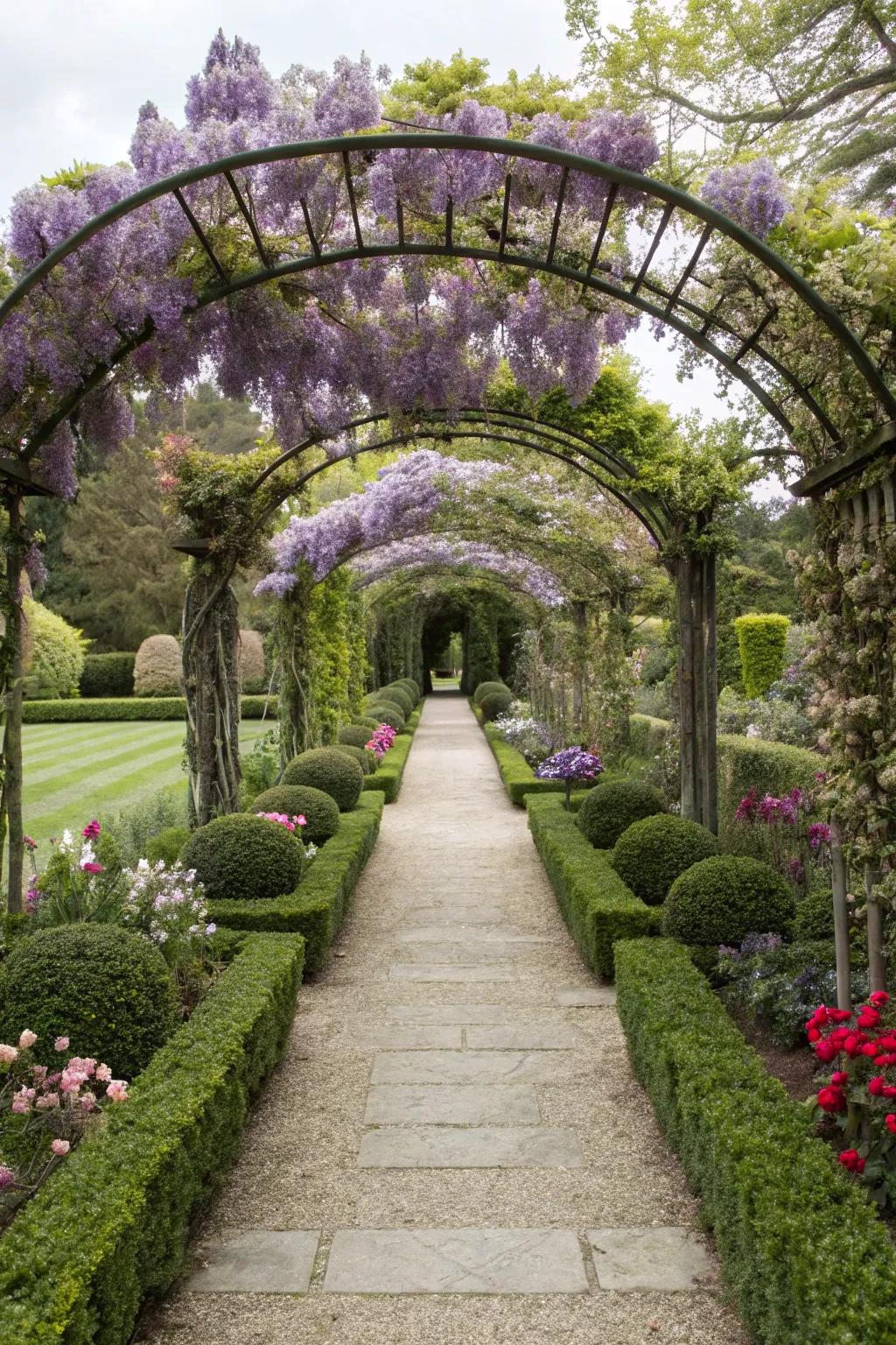 Formal elegance with a symmetrical wisteria arbor.