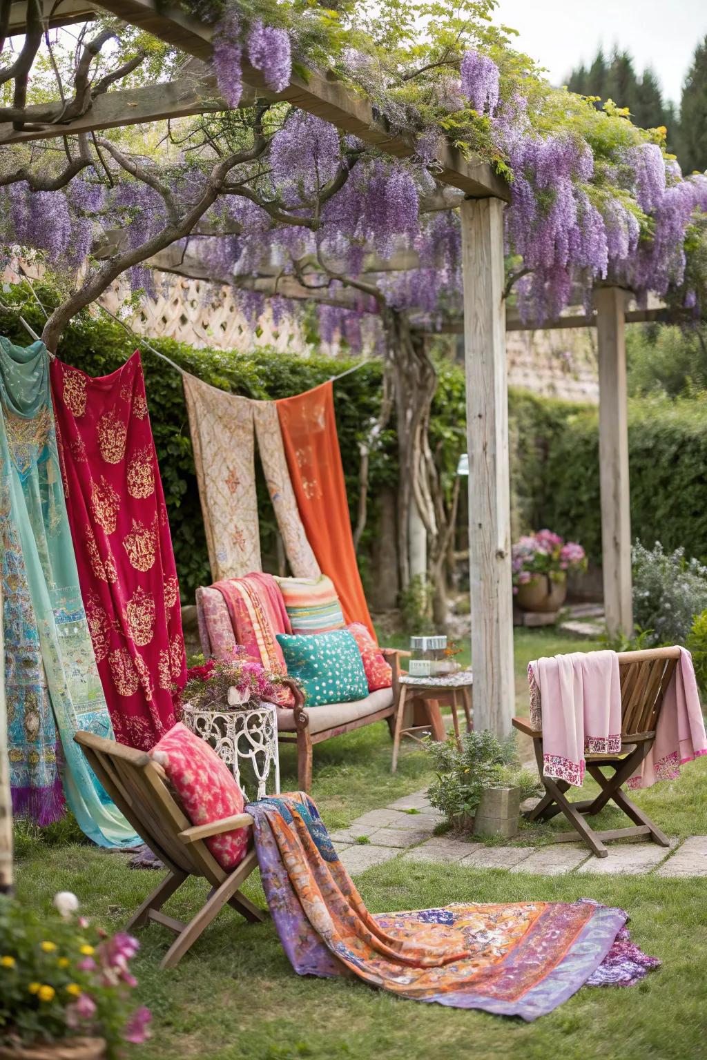 A bohemian oasis with colorful accents and wisteria.