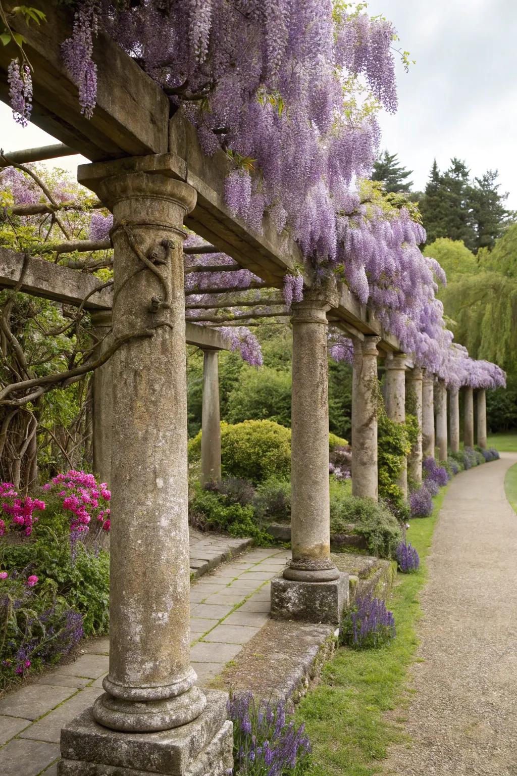 Wisteria vines elegantly draped over stone columns.