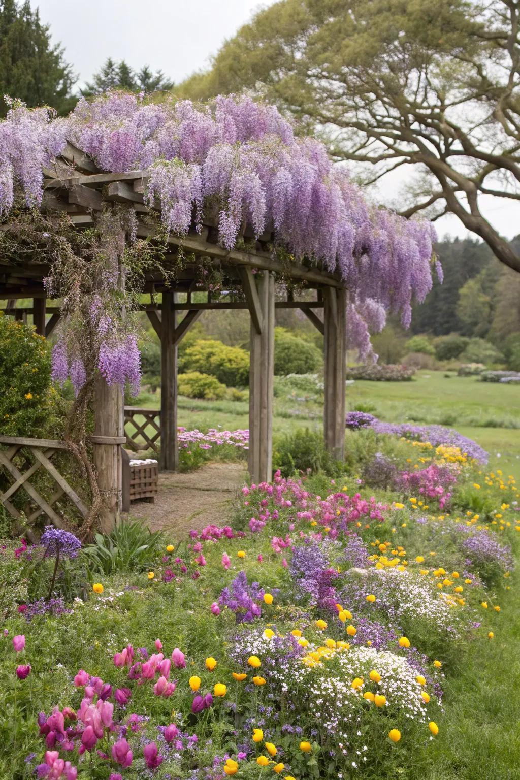 Wildflower charm around a wisteria arbor.