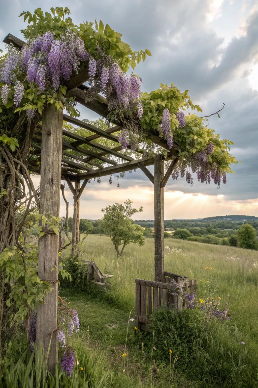 Rustic charm with a wisteria-covered wooden arbor.