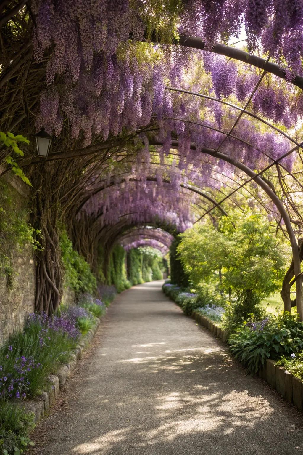 A whimsical wisteria tunnel along a garden path.