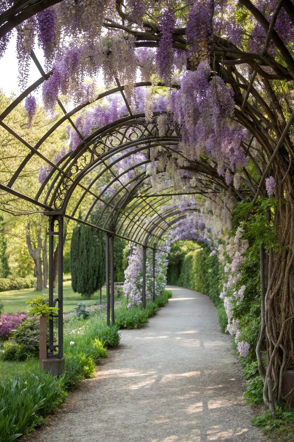 A metal trellis arch showcasing wisteria's elegance.