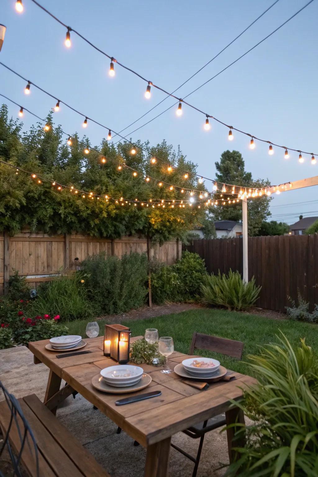 String lights casting a warm glow over a Friendsgiving table setting.