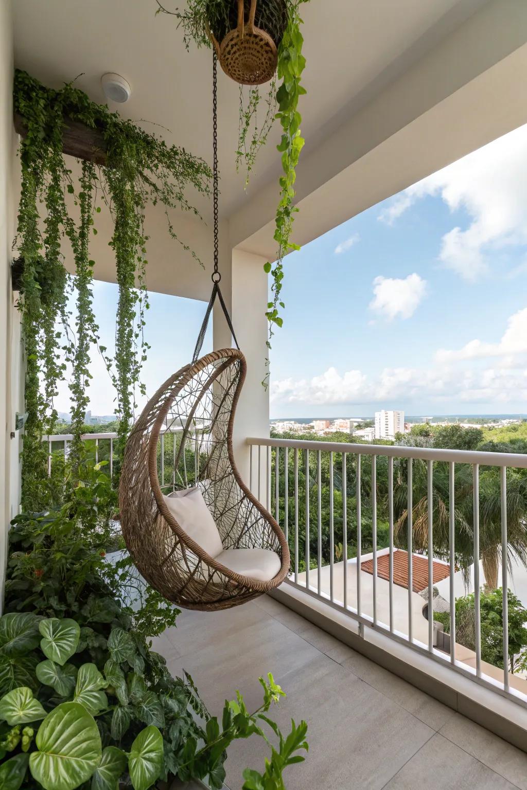 A hanging chair adds a whimsical and relaxing spot on your balcony.