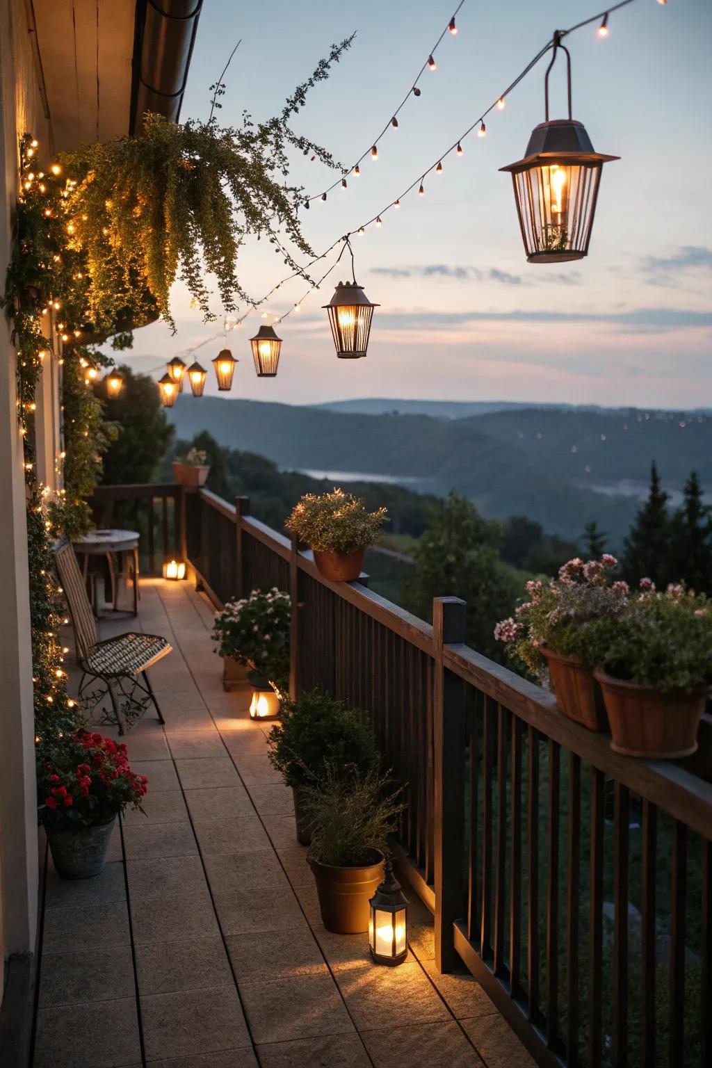 Soft lighting transforms your balcony into a magical evening retreat.