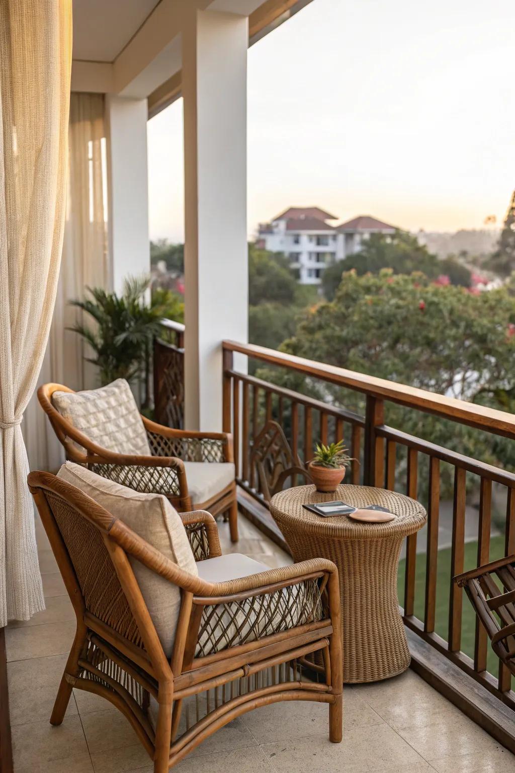 Natural materials like wood and wicker add warmth and texture.