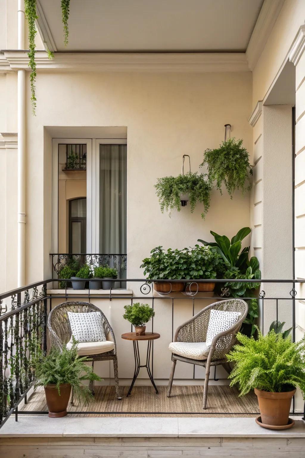 A soothing color scheme creates a calm and inviting balcony atmosphere.