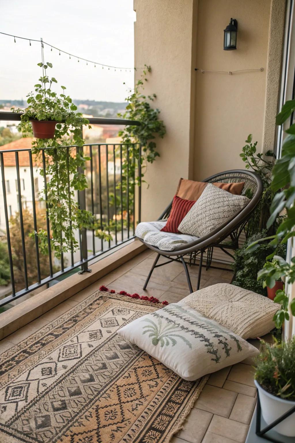 Decorative elements like pillows and rugs bring style to your balcony.