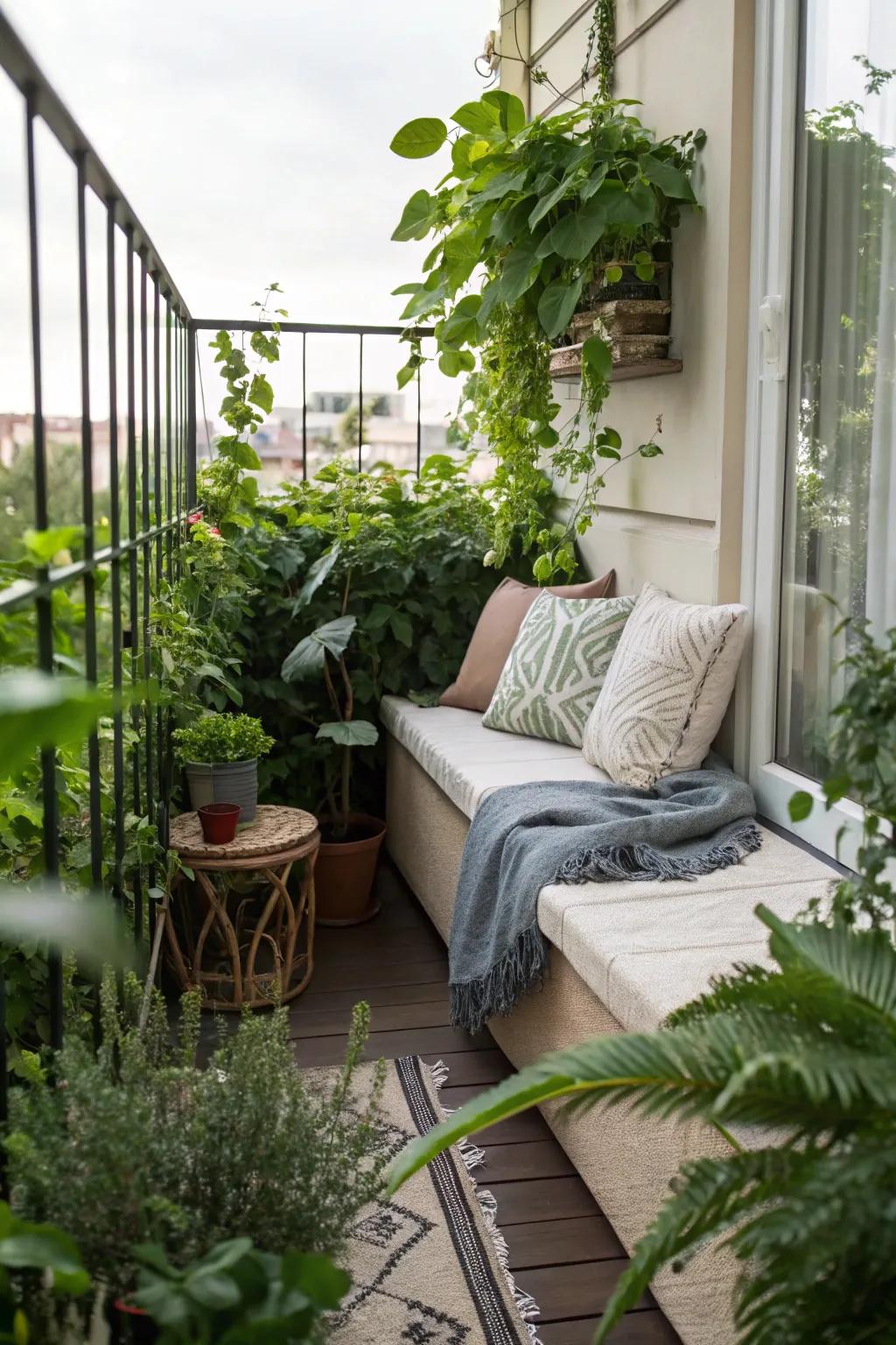 A cozy seating area with cushions and blankets makes your balcony inviting.