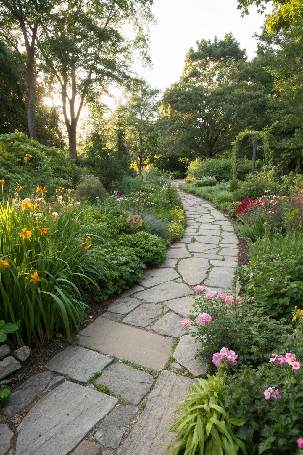 A delightful stone pathway leading through a vibrant garden.
