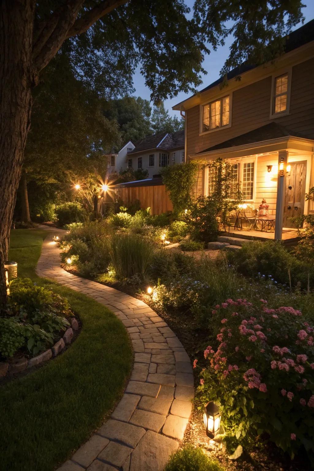 Garden lighting creating a magical night-time garden experience.
