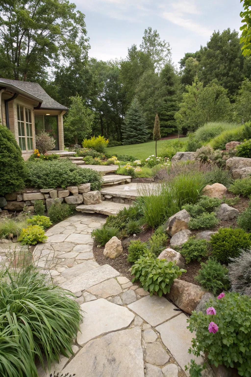 Natural stones enhancing the beauty and function of a garden.
