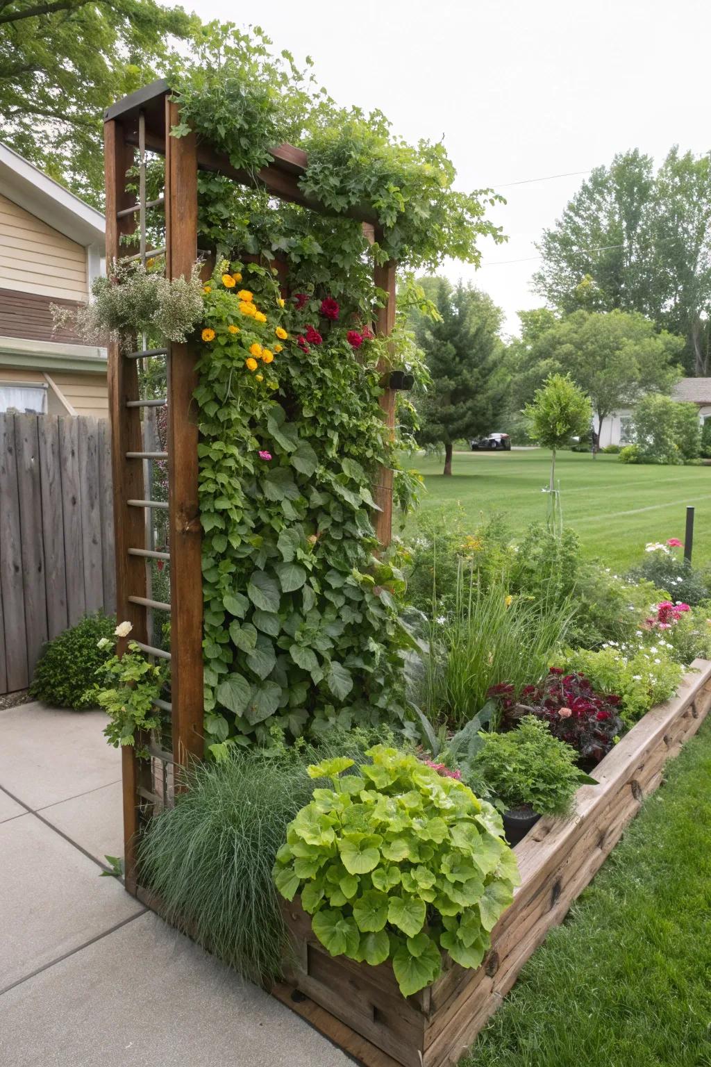 Vertical gardening adding greenery and charm to a wall.