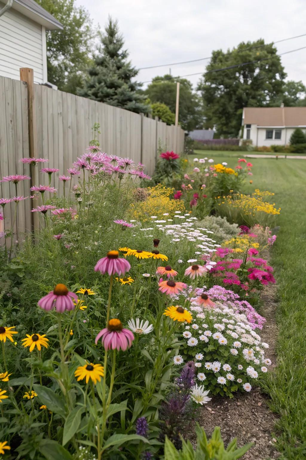 A colorful flower bed brimming with native Illinois blooms.