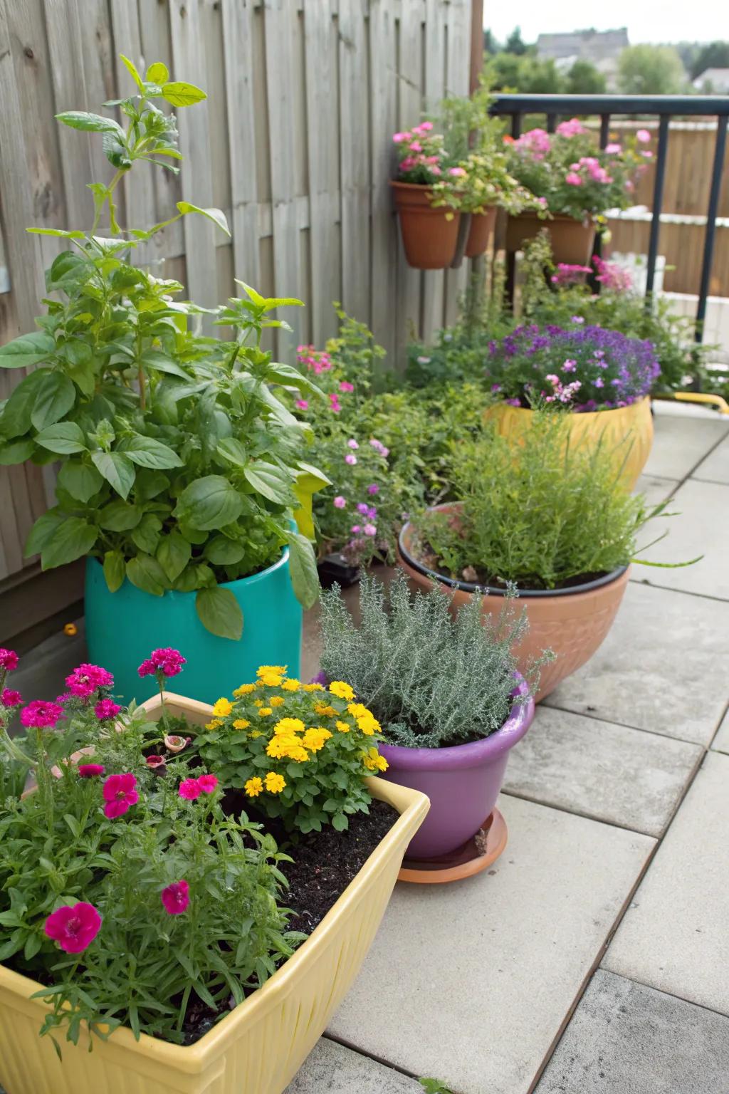 Container gardening bringing vibrant color to a patio space.